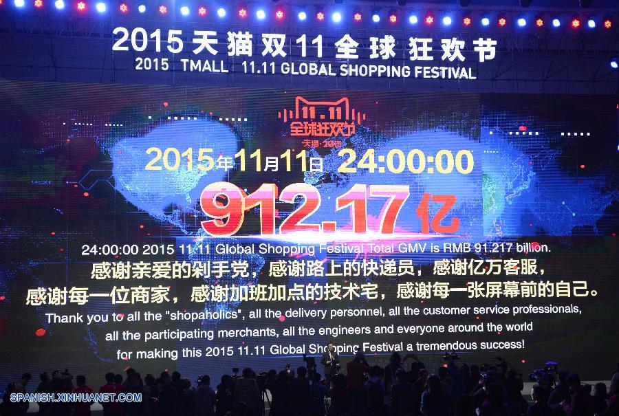 El mercado en línea Tmall de Alibaba ha registrado unas impresionantes ventas de 91.200 millones de yuanes (14.300 millones de dólares) durante el festival de compras del Día de los Solteros de este año, cifra que supone una subida del 60 por ciento frente a los 51.700 millones del año pasado.