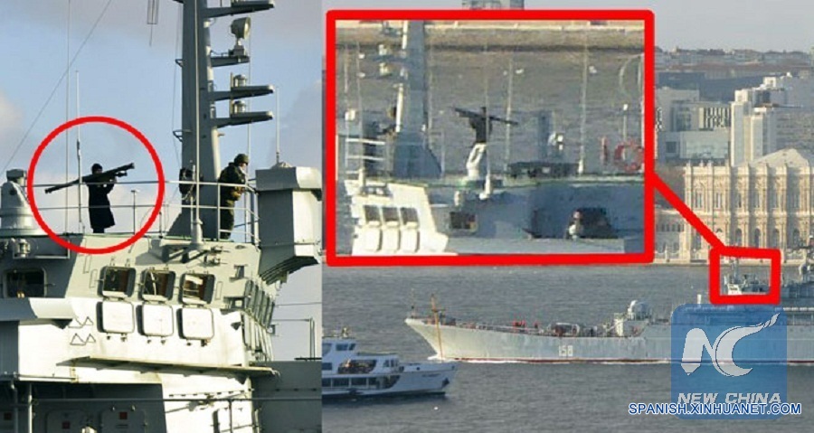 (Recast) Russian warship passes through Bosphorus with soldier onboard holding missile