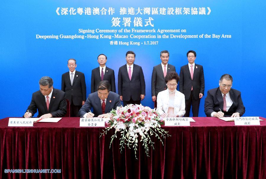 El presidente chino, Xi Jinping, asistió hoy sábado a la ceremonia de firma del acuerdo marco sobre el desarrollo de la Gran Área de la Bahía Guangdong-Hong Kong-Macao.
