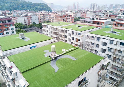 Postura de Kung-fu sobre c&eacute;sped en los techos de los edificios en Fujian