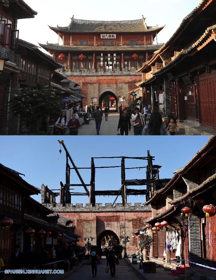 La Torre Gongchen, una antigua torre de entrada a la ciudad en la provincia de Yunnan, suroeste de China, y con una historia de más de 600 años de antigüedad, quedó destruida esta madrugada por un incendio, sin que se reportaran víctimas.