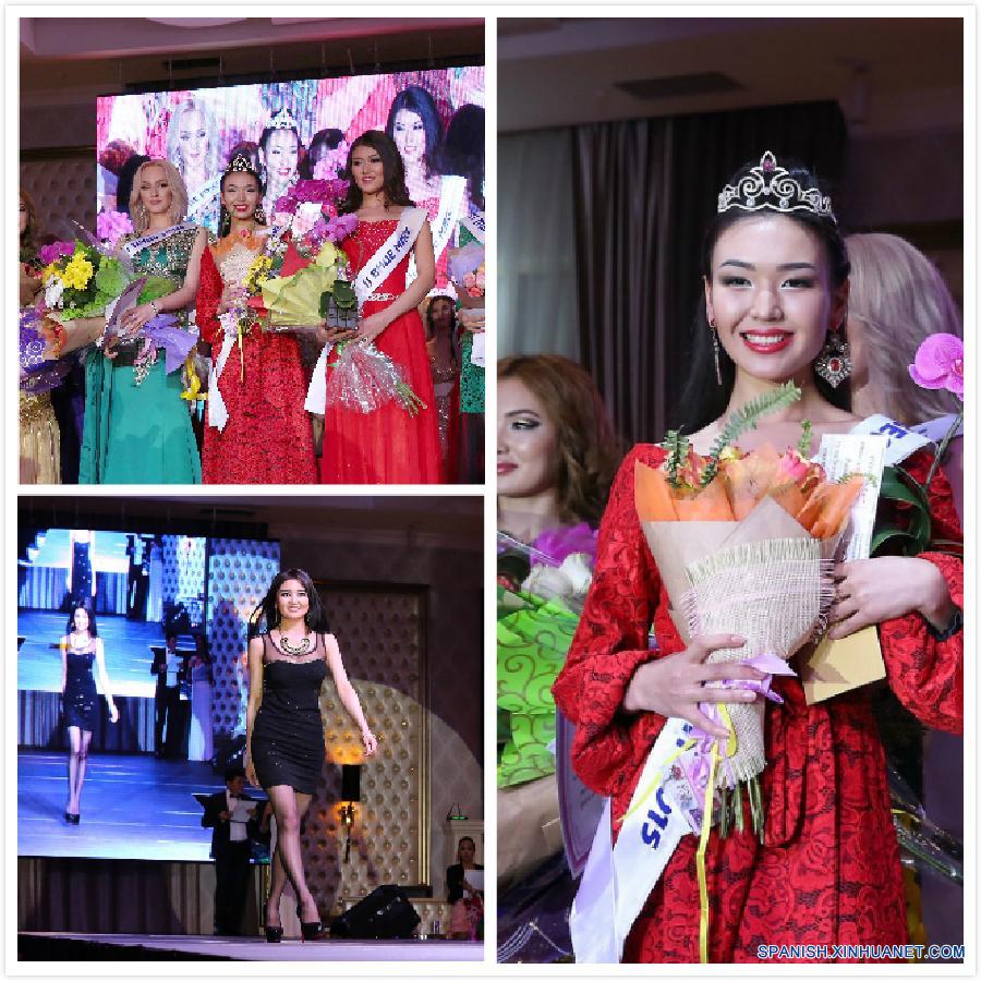 Dayan Omuralieva (right) won the 2015 Miss Kyrgyz beauty pageant in Bishkek, Kyrgyzstan, on April 5, 2015. She is expected to represent Kyrgyzstan in this year's Miss World competition. (Xinhua Photo by Roman)