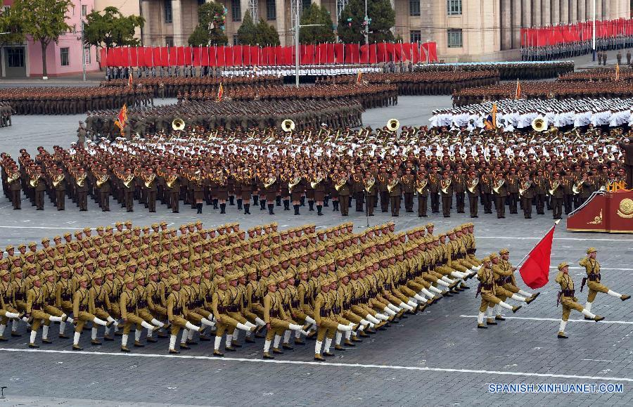 La República Popular Democrática de Corea (RPDC) llevó a cabo la tarde del sábado un enorme desfile militar en la Plaza Kim Il Sung en Pyongyang, la capital nacional, para conmemorar el 70° aniversario de la fundación del Partido de los Trabajadores de Corea (PTC).