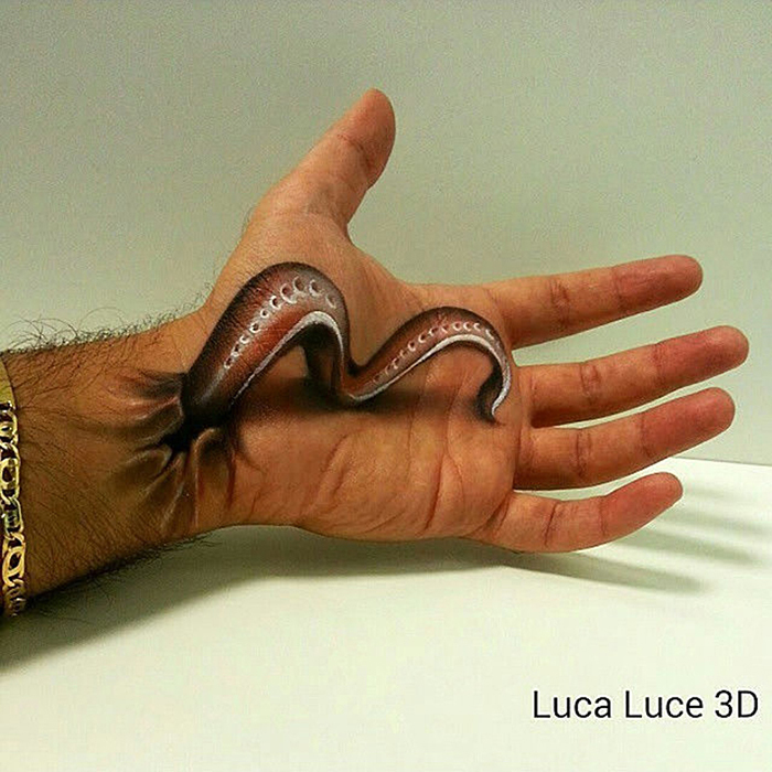 Esta foto muestra un dibujo tridimensional realizado por el artista italiano,Luca Luce,en su palma. 