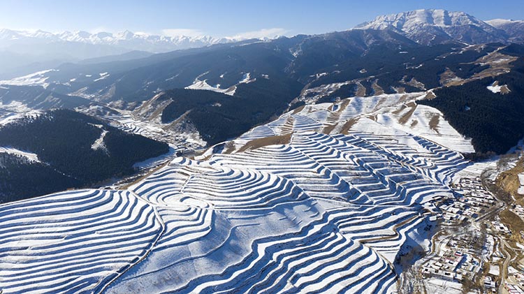 Campos aterrazados cubiertos de nieve en Wuwei, Gansu