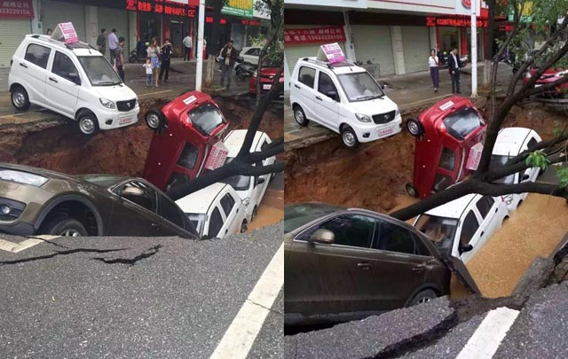 Avenida en Jiangxi colapsa tragando 4 autos