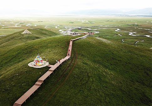Gansu: Vista aérea del paisaje del Humedal de Awancang