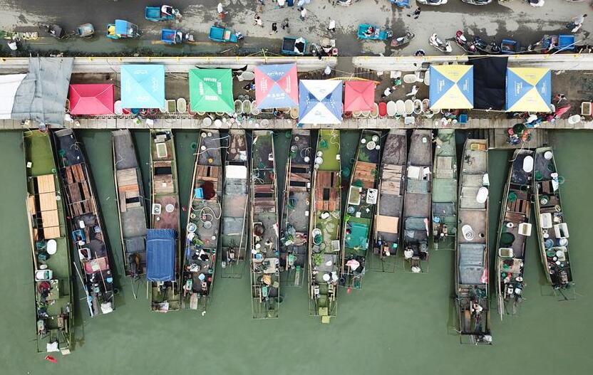Vista aérea de personas vendiendo pescado capturado del Lago Taihu