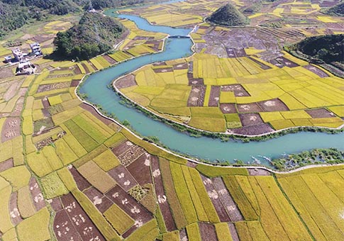 Yunnan: Vista aérea de campos en villa de Balong