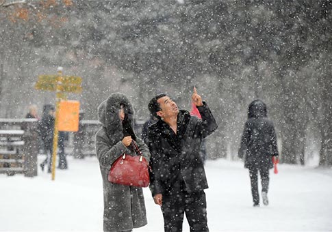 Personas observan la nevada en Changchun, Jilin