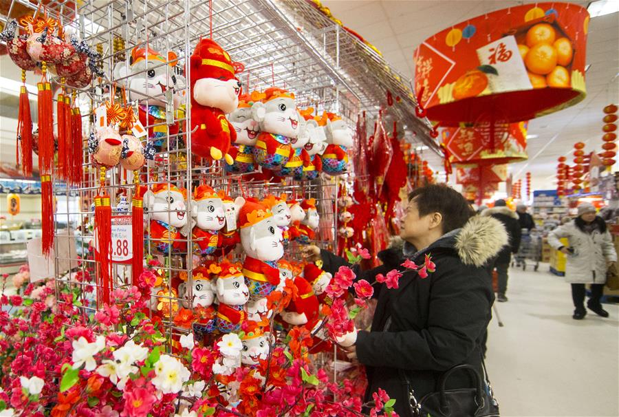 Supermercado chino con decoraciones alusivas al próximo Año Nuevo Lunar chino en Toronto