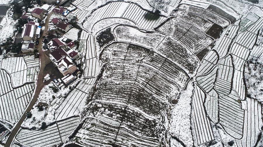 Anhui: Paisaje del distrito Shucheng cubierto de nieve