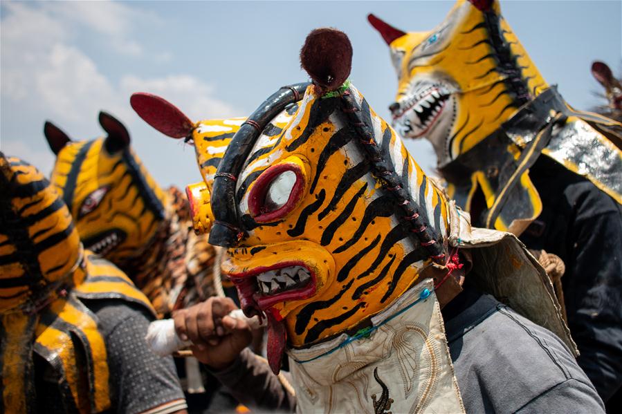 Personas disfrazadas de tigre participan una ceremonia en México