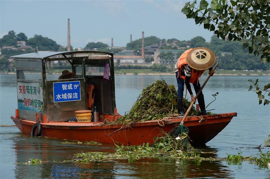 Empleados limpian la superficie del río Xiangjiang en Changsha, Hunan