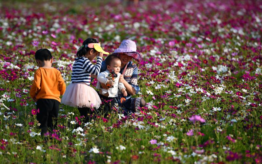 Personas disfrutan en medio de flores en Haikou
