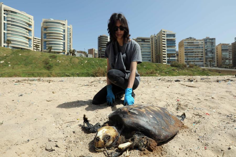 Voluntarios limpian la playa en Beirut, Líbano