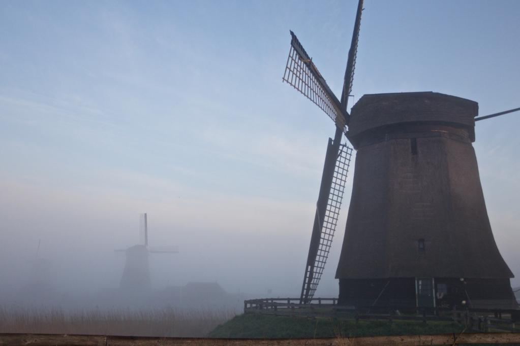 Molinos en la neblina de la mañana en Schermerhorn, Holanda