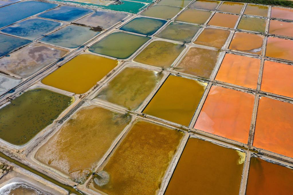 Vista aérea de campos de sal en Rongcheng, Shandong