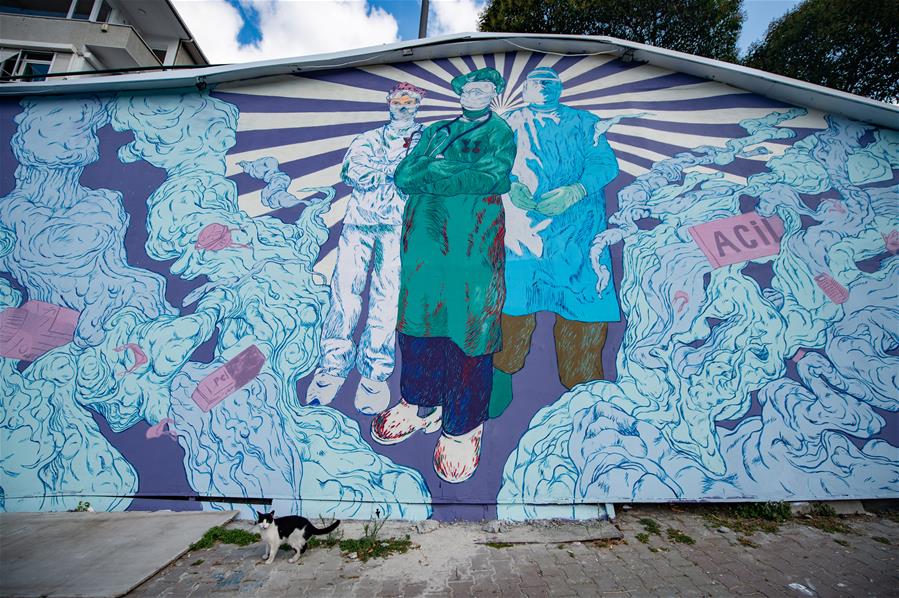 Pintura mural gigante dedicada a los trabajadores de la salud en Estambul, Turquía